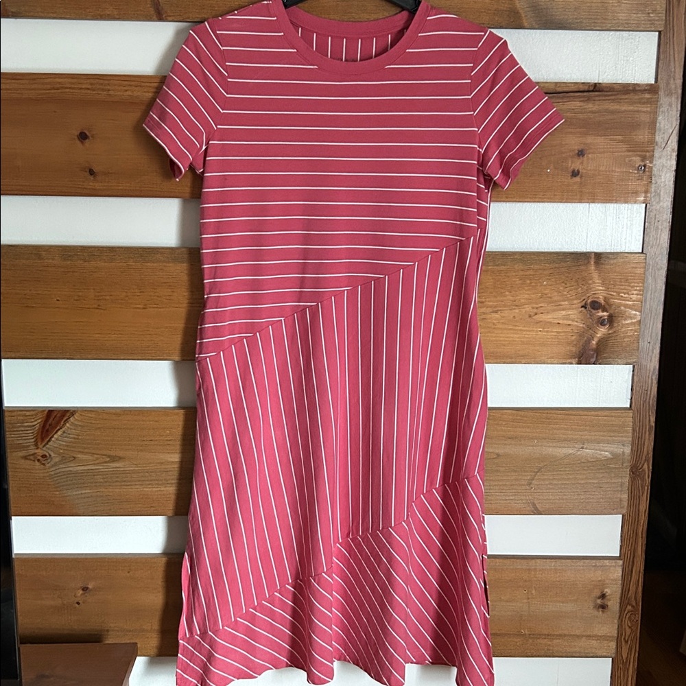 Joan Rivers Short Sleeve Pink Striped Midi Dress w/Side Slits Size Petite Medium